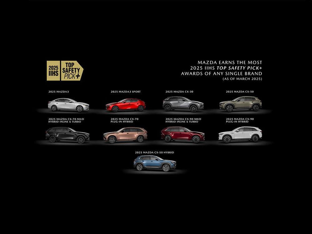 Showroom featuring all Mazda models in either red or grey