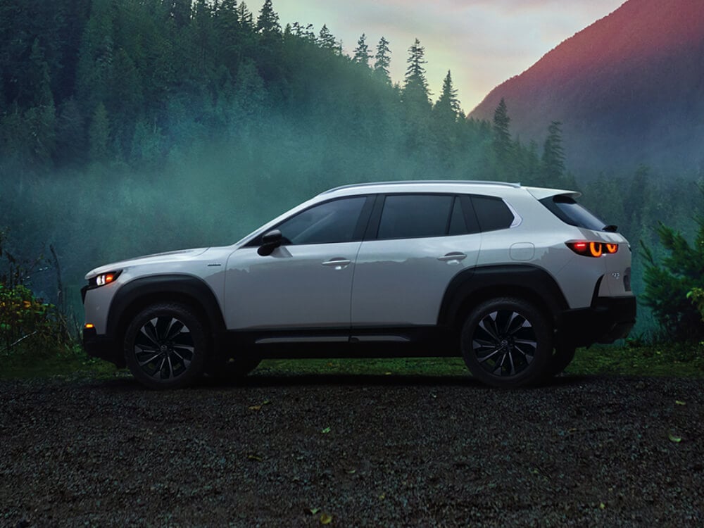 Un véhicule électrique hybride blanc roule sur une route bordée d’arbres et de montagnes enveloppées de brume. 