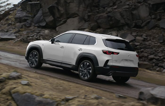 Un véhicule électrique hybride blanc monte une pente sur un terrain rocheux et montagneux. 