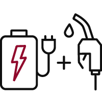 Illustration d’une batterie et d’une prise avec un câble branché, + pistolet à carburant.  