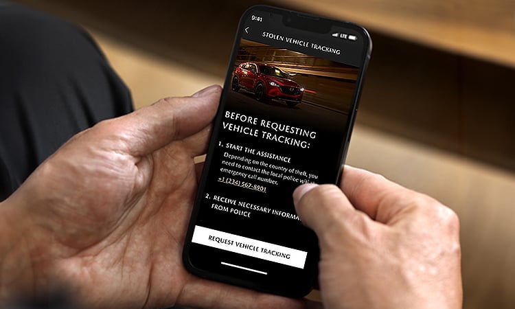 Close-up view of a smartphone in a person’s hands using the Stolen Vehicle Assistance function. 