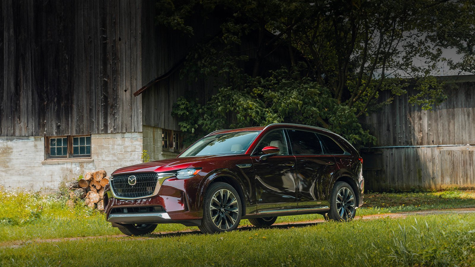 Un Mazda CX-90 rouge stationné dans un champ verdoyant