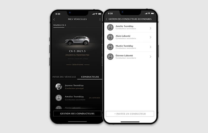 Deux téléphones intelligents affichent l’appli MyMazda avec la liste des conducteurs et les écrans de gestion des conducteurs. 
