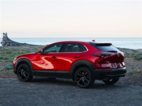 7/8 profile shot of Soul Red Crystal Metallic CX-30 parked, lake in background and horizon.