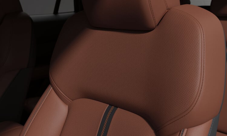 Close-up of terracotta leather backrest with orange stitching. 