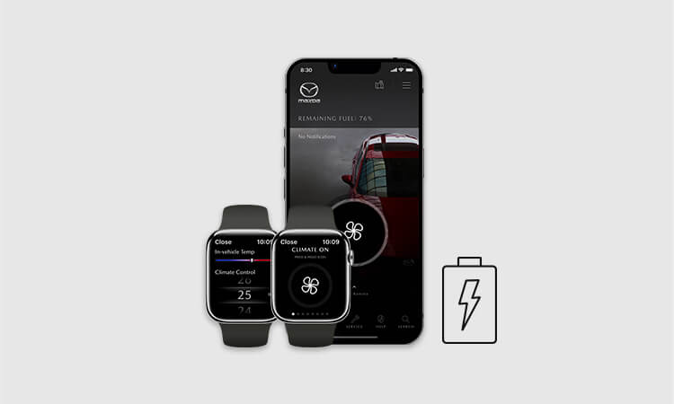 A smart watch and smartphone display a fan icon in the MyMazda app, another smartwatch displays a temperature gauge plus a battery icon.