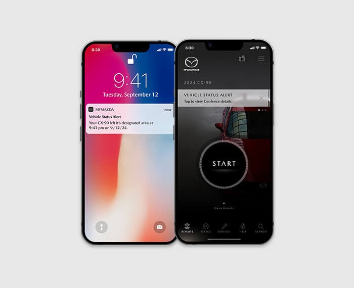 Two smartphones display MyMazda app screens with notification on lock screen and start button. 