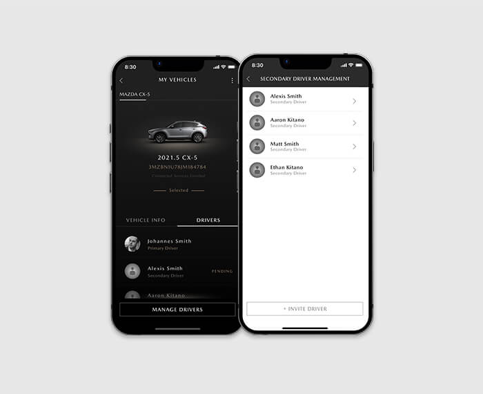 Two smartphones display MyMazda app with driver list and driver management screens.