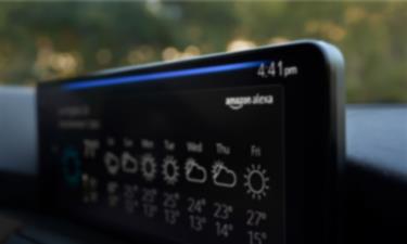 A close-up of the integrated Amazon Alexa interface on the MX-5 RF interior console screen. 